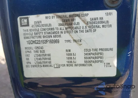 2002 Chevrolet Silverado 2500Hd Ls из США, поврежденный, VIN 1GCHC23102F160969